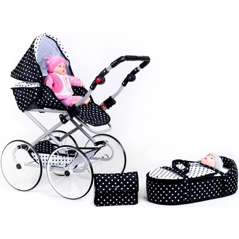 New Baby Dětský Retro kočárek pro panenky 2v1 Natálka bílo-černý