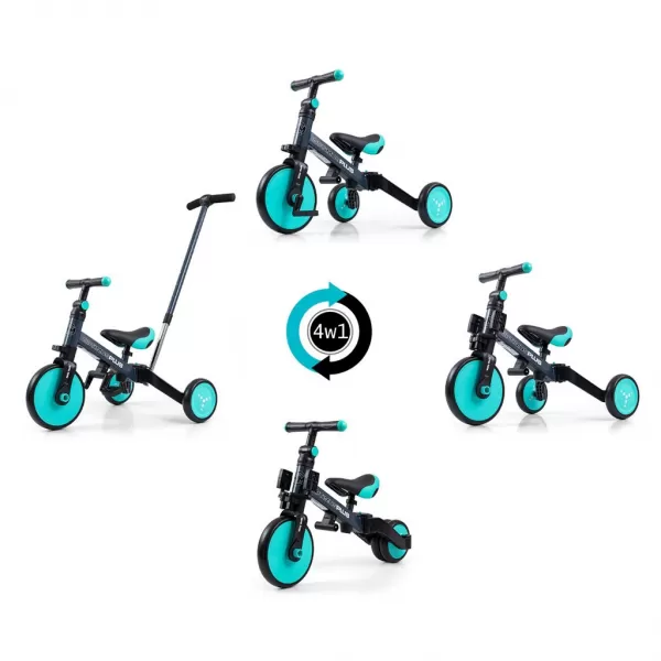 Milly Mally Dětská tříkolka 4v1 Optimus Plus s vodící tyčí mint