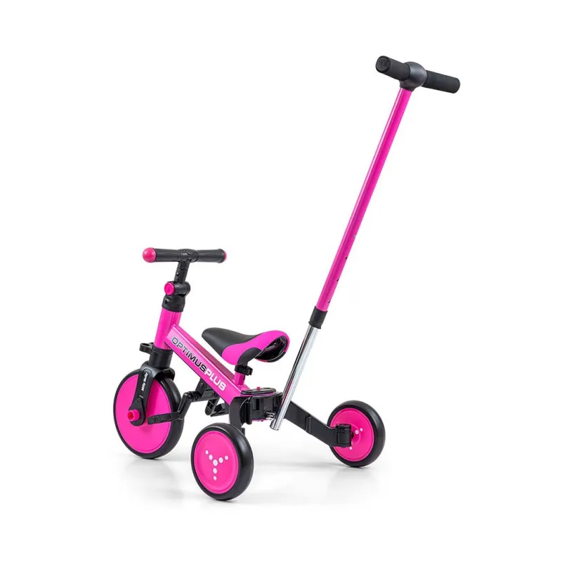 Milly Mally Dětská tříkolka 4v1 Optimus Plus s vodící tyčí pink