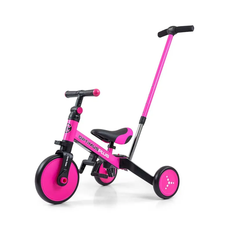 Milly Mally Dětská tříkolka 4v1 Optimus Plus s vodící tyčí pink