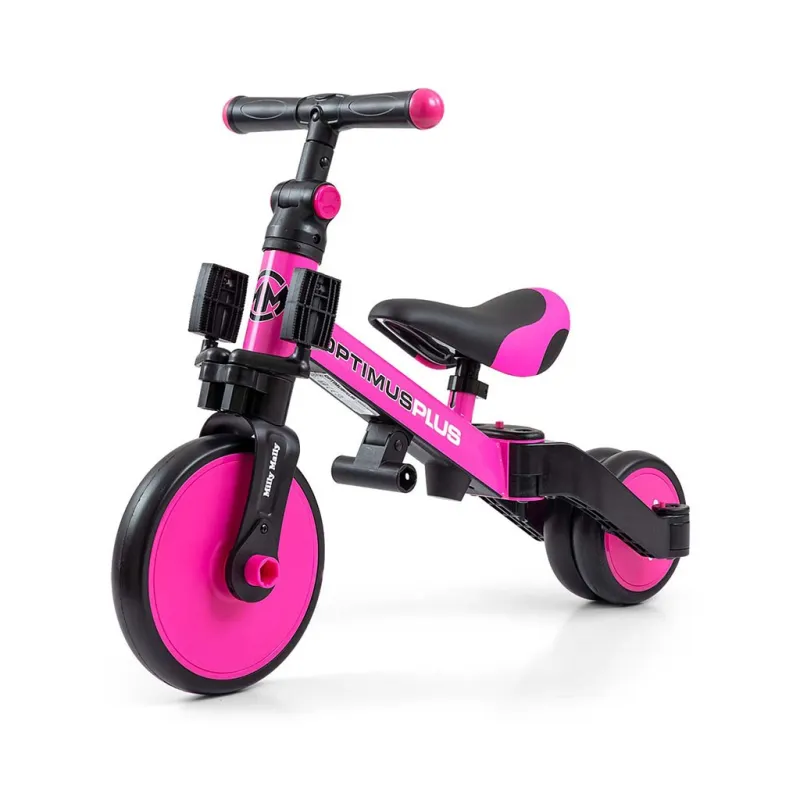 Milly Mally Dětská tříkolka 4v1 Optimus Plus s vodící tyčí pink