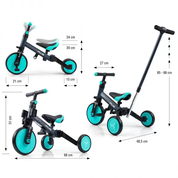 Milly Mally Dětská tříkolka 4v1 Optimus Plus s vodící tyčí mint