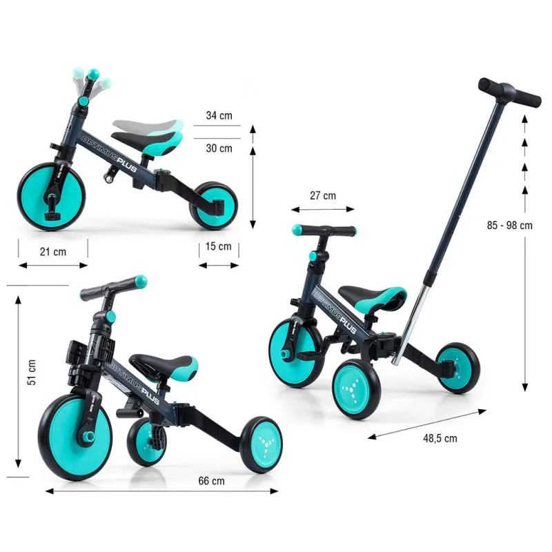Milly Mally Dětská tříkolka 4v1 Optimus Plus s vodící tyčí mint
