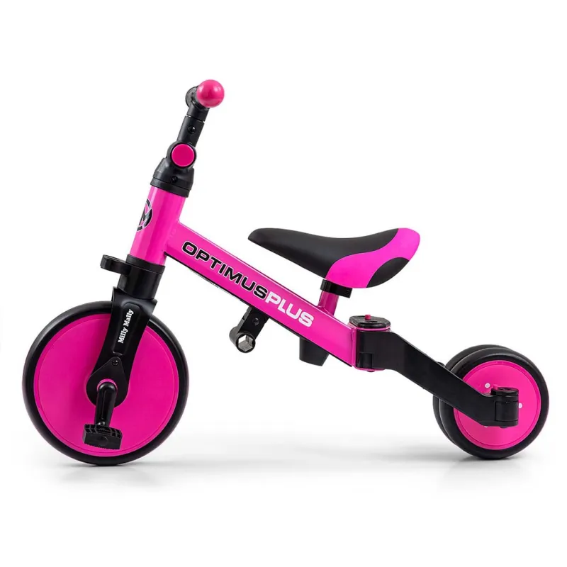 Milly Mally Dětská tříkolka 4v1 Optimus Plus s vodící tyčí pink
