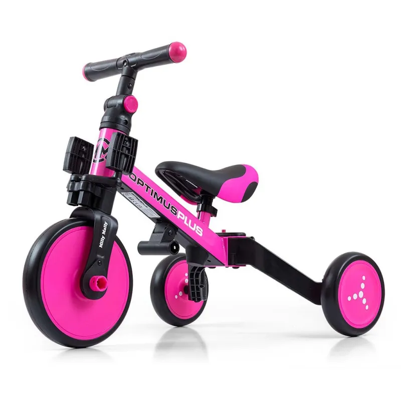 Milly Mally Dětská tříkolka 4v1 Optimus Plus s vodící tyčí pink
