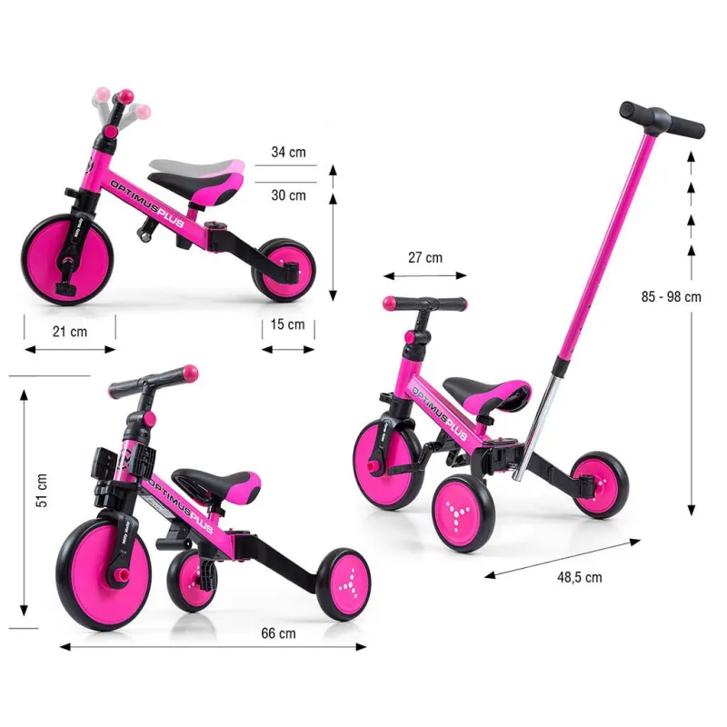 Milly Mally Dětská tříkolka 4v1 Optimus Plus s vodící tyčí pink