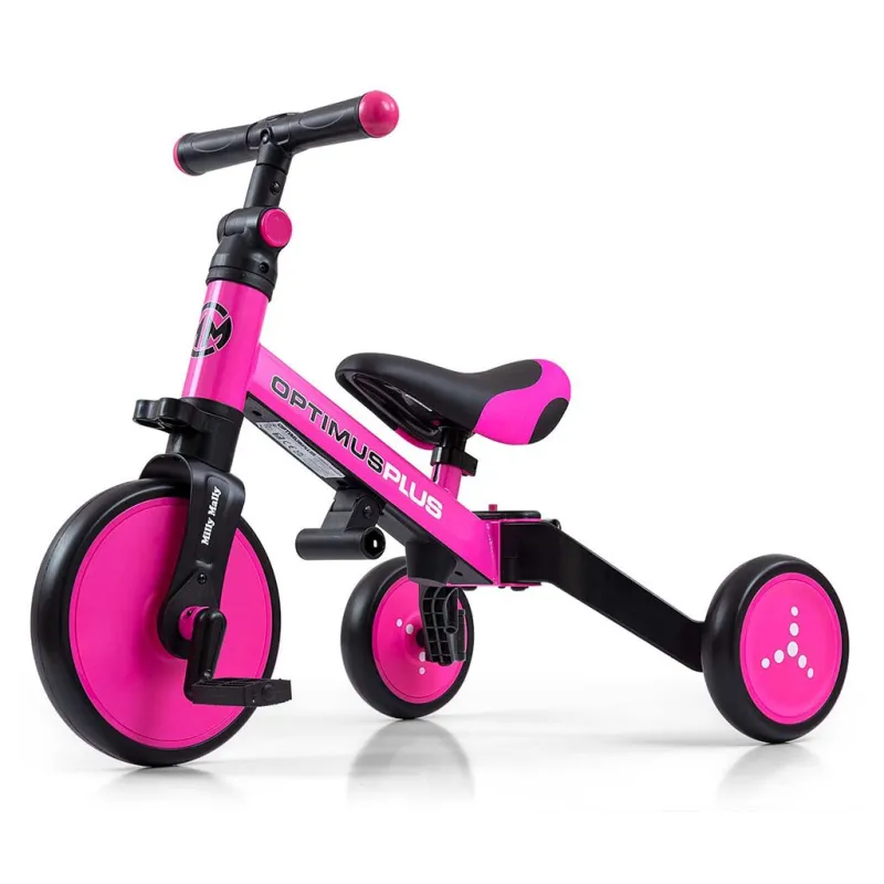 Milly Mally Dětská tříkolka 4v1 Optimus Plus s vodící tyčí pink