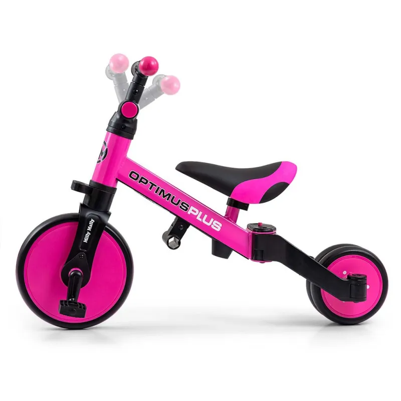 Milly Mally Dětská tříkolka 4v1 Optimus Plus s vodící tyčí pink