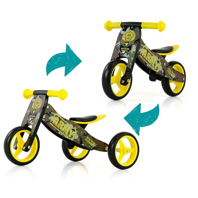 Milly Mally Dětské multifunkční odrážedlo kolo 2v1 JAKE Army