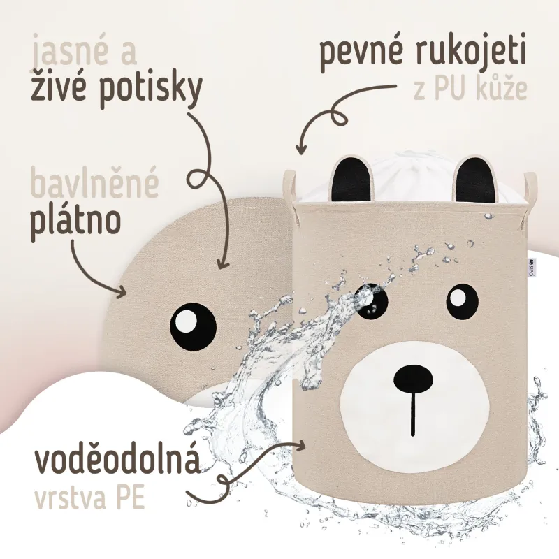 Sipo Koš na hračky se šňůrkou, skládací bavlněný / 43 l, Teddy Bear Beige