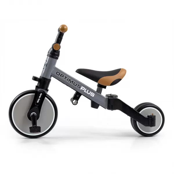 Milly Mally Dětská tříkolka 4v1 Optimus Plus s vodící tyčí grey