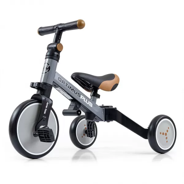 Milly Mally Dětská tříkolka 4v1 Optimus Plus s vodící tyčí grey