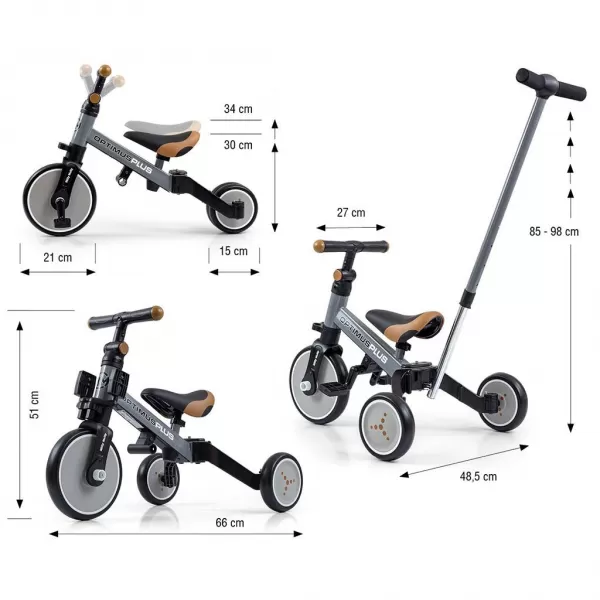 Milly Mally Dětská tříkolka 4v1 Optimus Plus s vodící tyčí grey