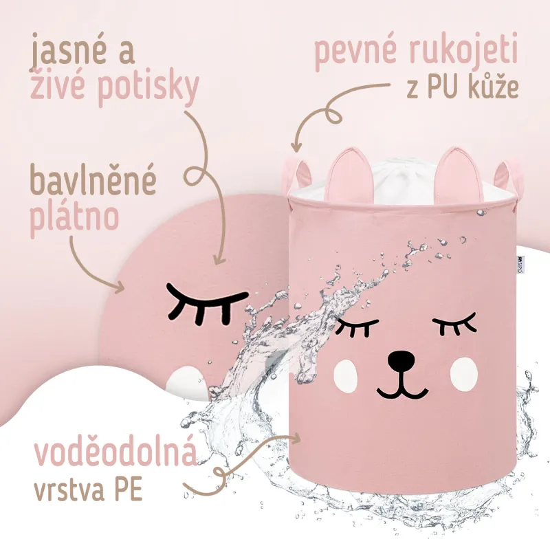 Sipo Koš na hračky se šňůrkou, skládací bavlněný / 43 l, Teddy Bear Pink