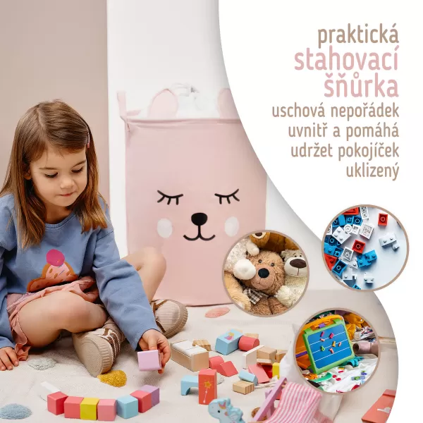 Sipo Koš na hračky se šňůrkou, skládací bavlněný / 43 l, Teddy Bear Pink