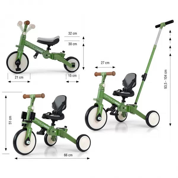 Milly Mally Dětská tříkolka 5v1 Optimus Max s vodící tyčí green