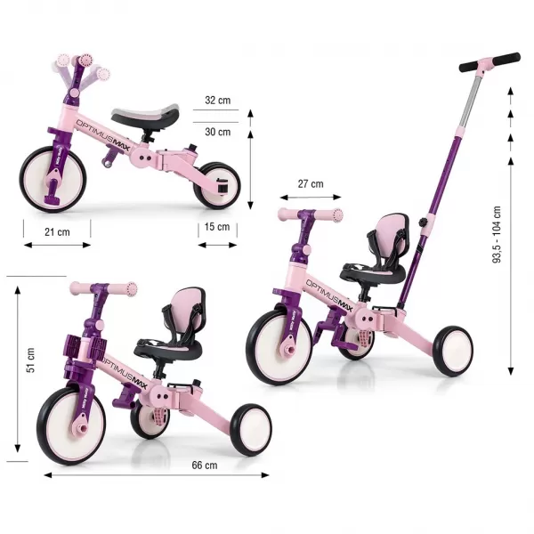 Milly Mally Dětská tříkolka 5v1 Optimus Max s vodící tyčí pink