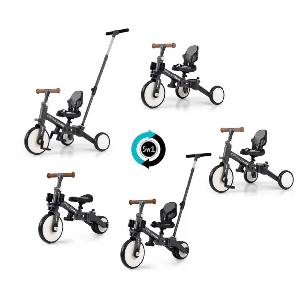 Milly Mally Dětská tříkolka 5v1 Optimus Max s vodící tyčí dark grey