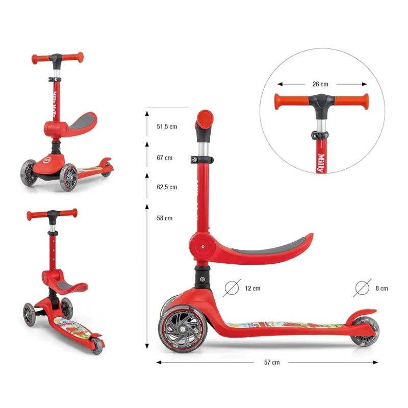 Milly Mally Tříkolová balanční koloběžka-scooter se sedátkem FUZZY red