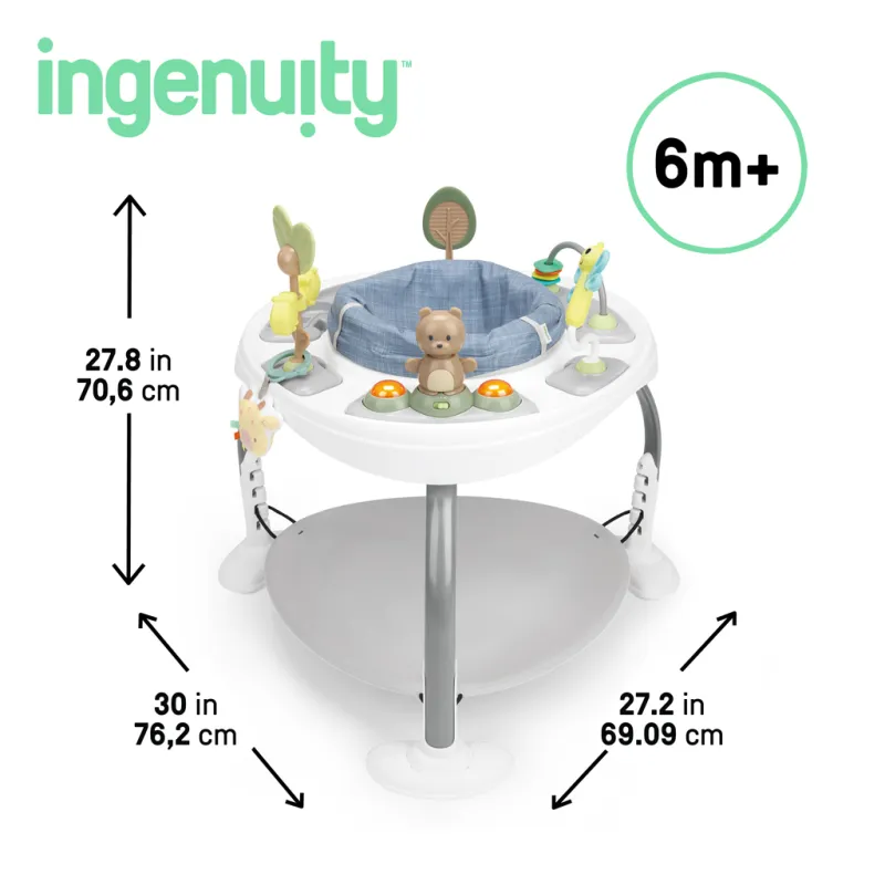INGENUITY Hračka aktivní skákací se stolkem 2v1 Bounce to Bloom™ Chambray